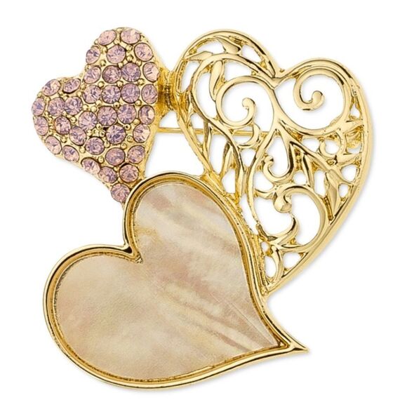 Charter Club Gold-Tone Stone & Pave Triple Heart Pin - Picture 1 of 4